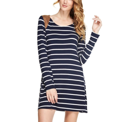 Black White Stripe Long Sleeve Dress with Faux Suede Shoulder Accents