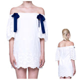 White Eyelet Scallop Hem Off the Shoulder Dress with Navy Grosgrain Ribbons