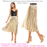 METALLIC Gold Foil Accordion Pleat Midi Skirt with Elastic Waist