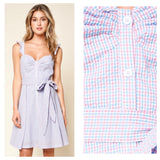 Pink & Blue Seeesucker Gingham Flutter Sleeve Dress with Bustier Bodice & Front Pleat