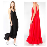 Black OR Poppy Red Textured Maxi Dress with Ruffle Hem & Open Back