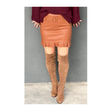Camel PU Leather Skirt with Ruffle Hem & Belt