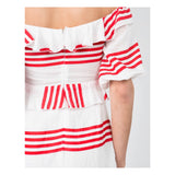 Cherry Red White Stripe Tie Front Ruffle Trim On OR Off the Shoulder A-Line Skater Dress