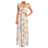 Designer Inspired Floral Cutout Maxi Dress with Structured Ruffle Sleeves & Open Back