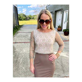 Ivory & Metallic Gold Lace & Dark Taupe Contrast 3/4 Sleeve Midi Cocktail Dress with Exposed Gold Back Zip