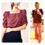 Wine Red & METALLIC GOLD Puff Sleeve Blouse with Pleated Back