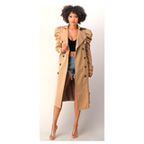 Camel Shirred Puff Sleeve Double Breasted Sophisticated Belted Trench Coat