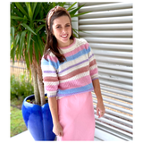 Ivory Lavender Pink & Blue Fine Knit Summer Weight Short Sleeve Sweater with Basketweave Contrast
