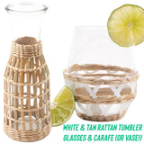 White & Tan Rattan Tumbler Glasses & Carafe (or Vase!)