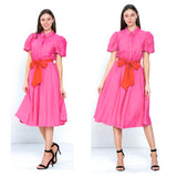 Hot Pink Puff Sleeve Textured Button Down A-Line Midi Dress with Red & Pink Contrasting Belt Sash