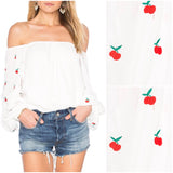 Embroidered Cherry Print Off the Shoulder Balloon Sleeve Top🍒