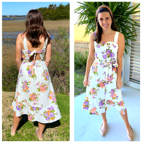 White & Lavender Floral Ammi Midi Dress with BOW Back