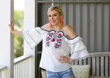 White Tiered Cold Shoulder Top with Navy RicRac Trim + Deep Coral Embroidery & Tassel Tie