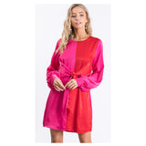Magenta & Coral Red Satin Color Block Balloon Sleeve Dress with Front or Back Self Tie