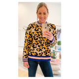 Black Orange & Taupe Leopard Print Knit Sweater with PINK & ROYAL BLUE Banded Contrast Hem