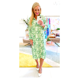 Green & Ivory Leaf Print Button Front Collared Dress