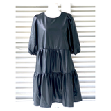 Black or Ivory LEATHER Puff Sleeve Dress with Tiered Ruffle Hem, POCKETS & Keyhole Back