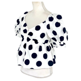 Black & White Cotton Dot Puff Sleeve Peplum Top with Smocked Back