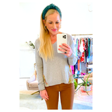 Heather Grey Knit Sweater with Pleated Watercolor Blouse Contrast Back