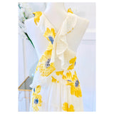 White Sunflower Print Swiss Dot Chiffon Hi-Lo Dress with Crisscross Flutter Back