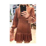 Dusty Rose SMOCKED Stretchy VELVET Dress with Puff Sleeves