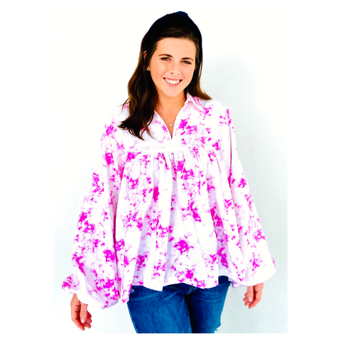 Pink & Ivory Puff Sleeve CORDUROY High Low Hem Top with Shirred Back