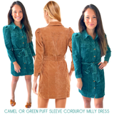 Camel or Green Puff Sleeve Corduroy Milly Dress