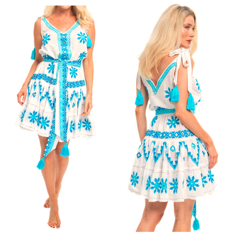 Pranella White & Turquoise Embroidered Arri Dress with Optional Belt & Mirror Accents