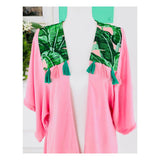 Troop Palm Springs Pink Fringe Hem Kimono with Pink & Green Palm Leaf Print & Tassels