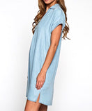 Chambray V-Neck High Low Shirt Dress with Pockets