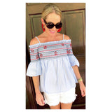 Blue White Stripe Smocked Cold Shoulder Top with Red Embroidered Stars + RHINESTONES!