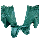 Emerald Green Leather Pleated Midi Skirt & Bow Back Puff Sleeve Top SET