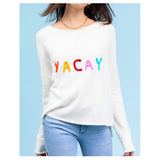 White VACAY Sweater with Braided Multicolor Yarn Embroidery & HighLow Hem