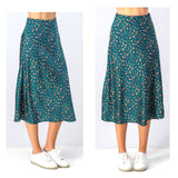 Teal, Navy & Blush High Waisted Satin Leopard Print Midi Flare Skirt