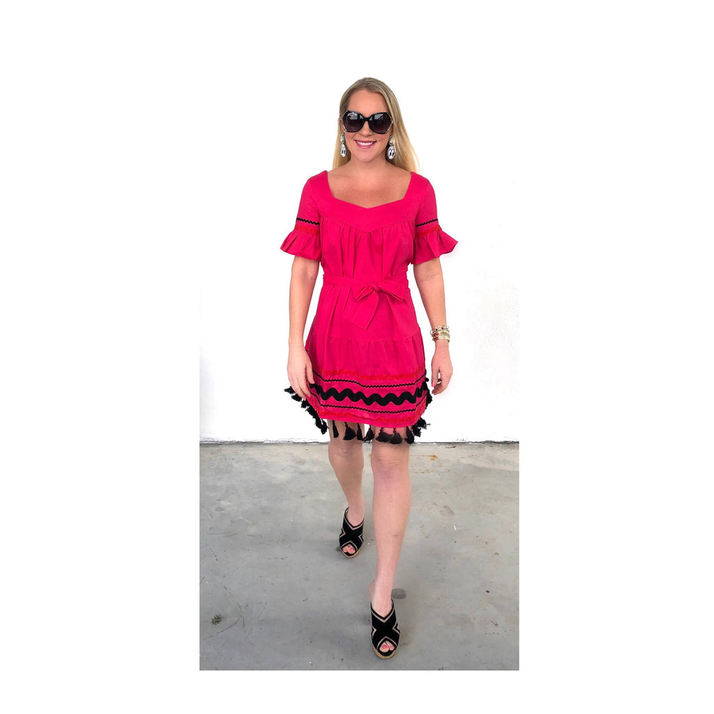 Magenta Bell Sleeve Belted Dress with Ric Rac Embroidery & Tassel Hem ...