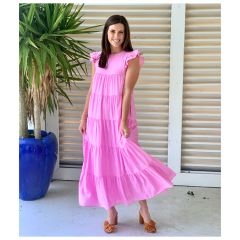 Pink or Blue Tiered Ruffle Hem Maxi Dress with BOW Back & Pockets