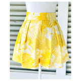 Bright Yellow High Waisted Floral Print Linen Blend Pleated Flare Shorts