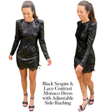 Black Sequin & Lace Contrast Monaco Dress with Adjustable Side Ruching