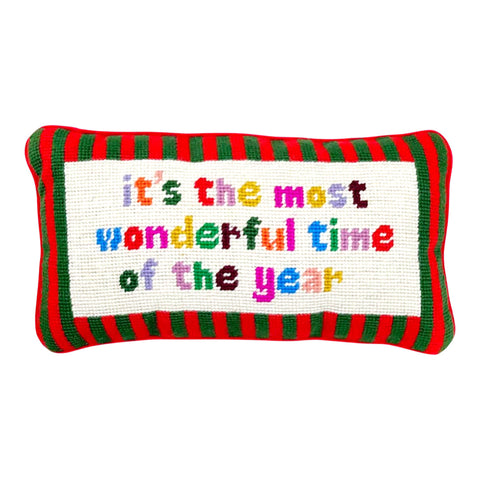 Needlepoint The Most Wonderful Time of the Year Pillow with Velvet Back