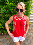 VIBRANT Red Embroidered Sleeveless Top