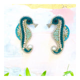 Handmade Turquoise Beaded Rhinestone & Pearl Seahorse Earrings