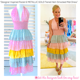 Designer Inspired Pastel & METALLIC GOLD Tiered Hem Smocked Midi Dress