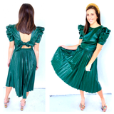 Emerald Green Leather Pleated Midi Skirt & Bow Back Puff Sleeve Top SET