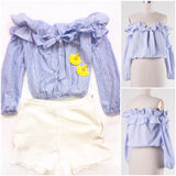 Lightest Lavender Off the Shoulder Ruffle Hem Top with Bow Front & Elastic Waist