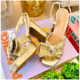 Gold Crinkle Bow Amelia Block Heel Sandal