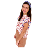 Ivory Orange & Blue Spotted Double Flutter Sleeve Top with Keyhole Back