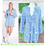 Blue & Neon Green Floral Print Long Sleeve Tunic Dress OR Tunic Top with Optional Tassel Tie