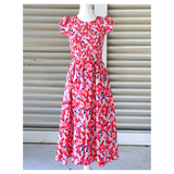 Red Floral Smocked Dress in a Murakami Inspired Print