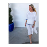 White Knit Three Quarter Sleeve High Low Top with GROSGRAIN RIBBON Trim