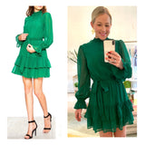 Emerald Green Ruffle Hem Flare Dress with Smocked Ruffle Neck, Semi Sheer Bell Sleeves & Keyhole Back